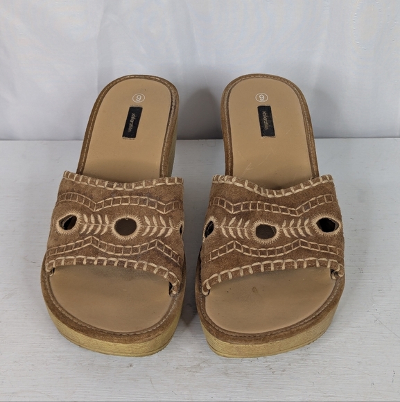 Vintage Xhilaration Y2K Chunky Leather Floral Faux Wood Slide Mules Sandals - Picture 6 of 9